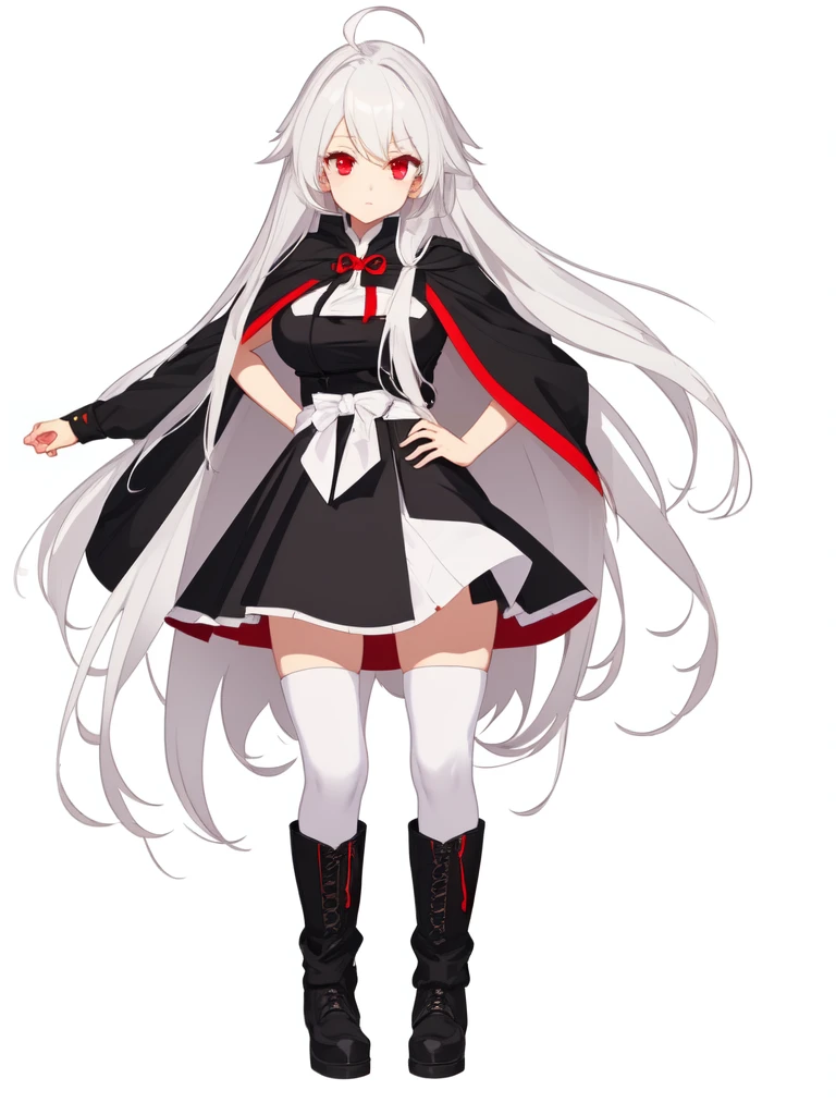 masterpiece, best quality, comic, adorable girl, very long hair, white hair, ahoge, eyeball, expressionless,  red eyes, large breasts, seifuku, cape, skirt, black thighhighs, boots, side backpack, hand_on_hip, 