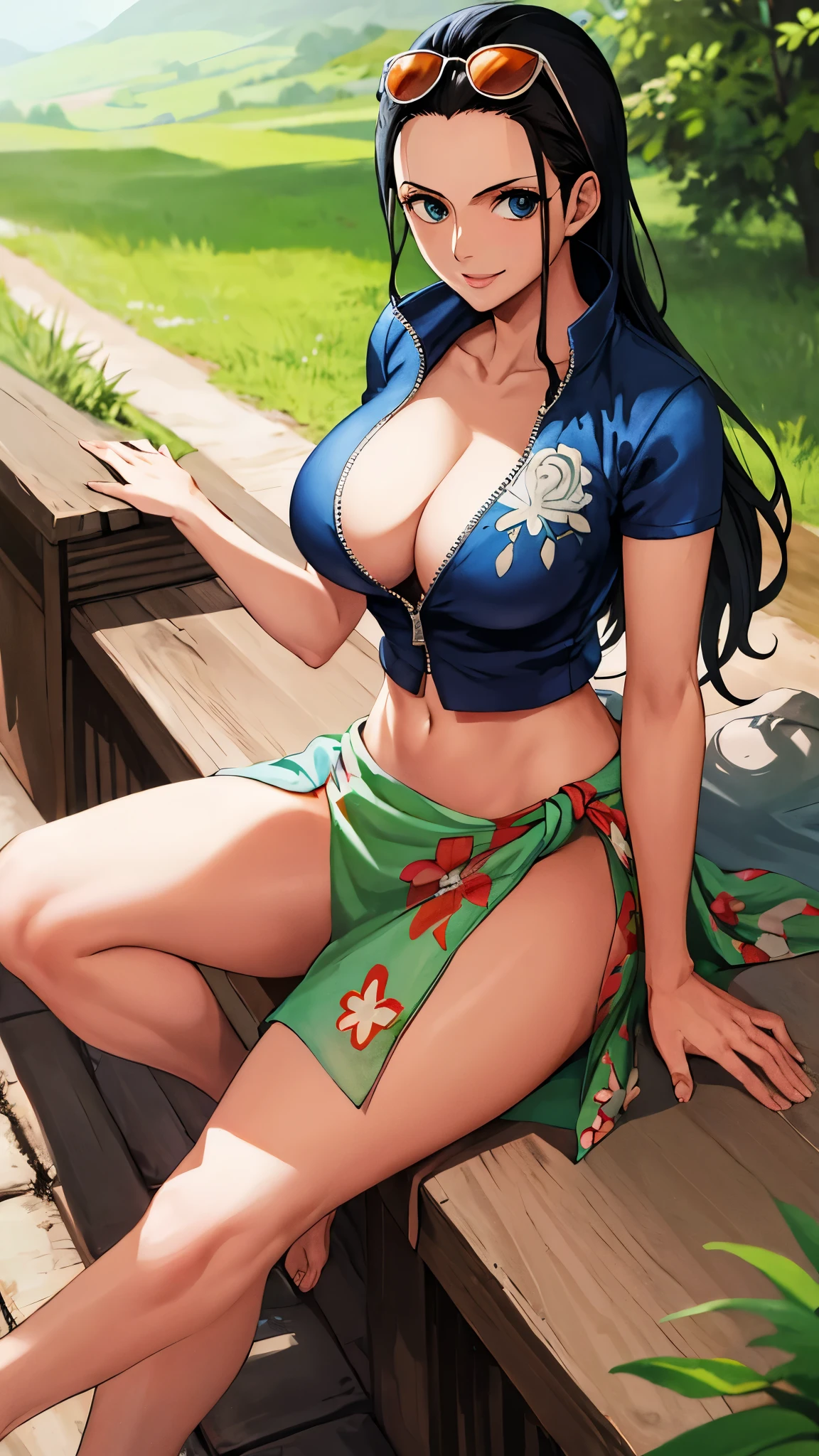 masterpiece, best quality, highres, nico robin, long hair, black hair, hair slicked back, eyewear on head, sunglasses, blue eyes, collarbone, cleavage, blue jacket, cropped jacket, partially unzipped, short sleeves, midriff, sarong, print sarong, sitting, outdoors, smile, waving,