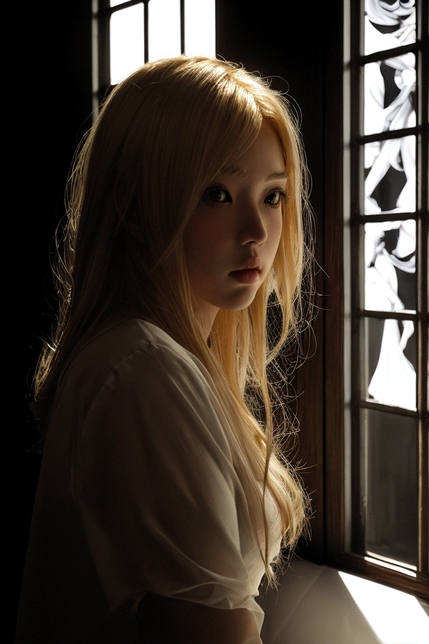 1 beautiful blonde woman, dramatic lighting, shadow, window, church, Daido Moriyama, ( masterpiece, realistic ), (best quality)