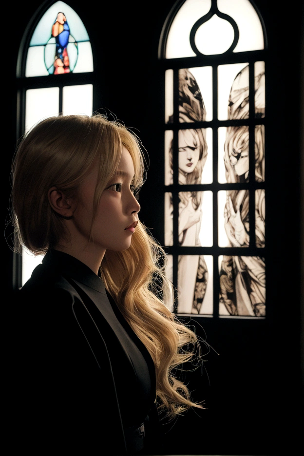 1 beautiful blonde woman, dramatic lighting, shadow, window, church, Daido Moriyama, ( masterpiece, realistic ), (best quality)