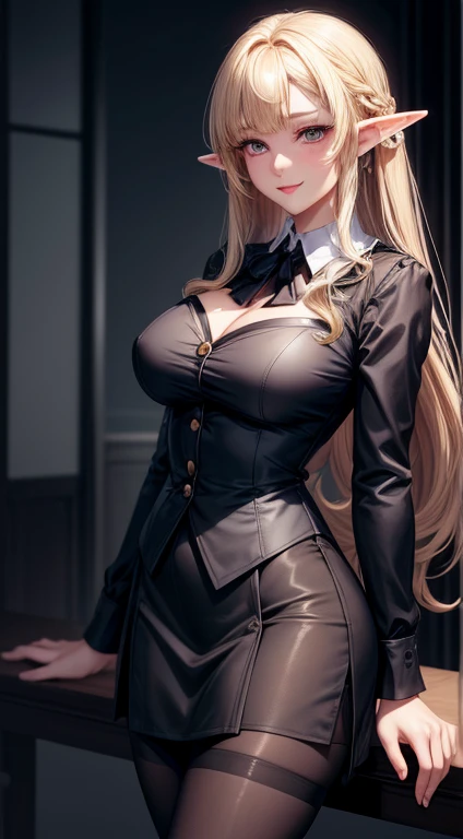(masterpiece:1.3), high resolution, Very detailed, Highly detailed CG Unity 8k wallpaper, Practical, photo-Practical, RAW photos, Beautiful and thick face, Pale skin, Practical glistening skin, Delicate fabric texture, Fine hair texture, Perfect body, Pretty Face, precise, Anatomically correct, Very detailed的脸部和皮肤纹理, Natural neck length, (beautiful hands), (White skin:1.2), Thin legs, Thin legs, rest, Fine particles, Symmetrical eyes, Light brown eyes, Double eyelids, Thin eyebrows, (Glossy lips:1.4), (smile kindly:1.2), rest, (National Foundation:1.1), (Elegant and cute girl:1.3), (1 girl), ((((Full and soft breasts,)))(((Large Breasts))) (((Cleavage))),, fit, Strong chest:1.1), Beautiful clavicle, (Blonde Hair, curls, long hair:1.2), ((Asymmetrical bangs:1.2)), (((Elf))),Office female staff, Black office blazer, office skirt, (Pantyhose black stockings:1.2), (short button down shirt:1.2), Button stand collar formal suit, Button collar formal wear, OK, (Pantyhose:1.2), Alpha Layer, High heel,