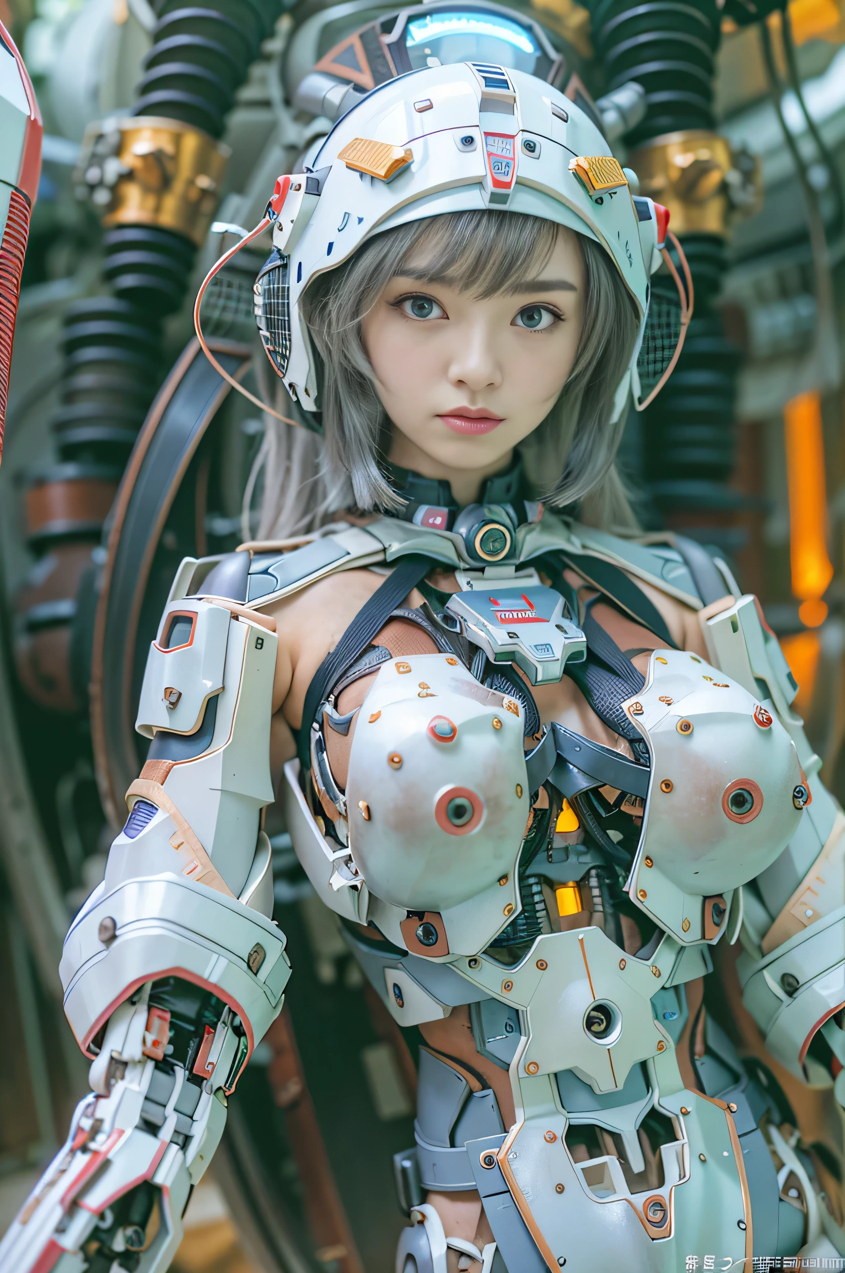 (RAW quality:1.4), Wide-angle shot, 1 female, Mecha, Sparkling blue eyes, , Japanese, Very embarrassed look, (Realistic:1.37), Biomechanical, Complex robot, Cleavage, (Bare skin is exposed from under the chest to the lower abdomen.:1.4), Spaceship interior bokeh background, (Tied to a machine:1.4), Ultra-realistic, Very detailed, Very intricate details, Beautiful woman in sharp focus, Thin pubic hair,