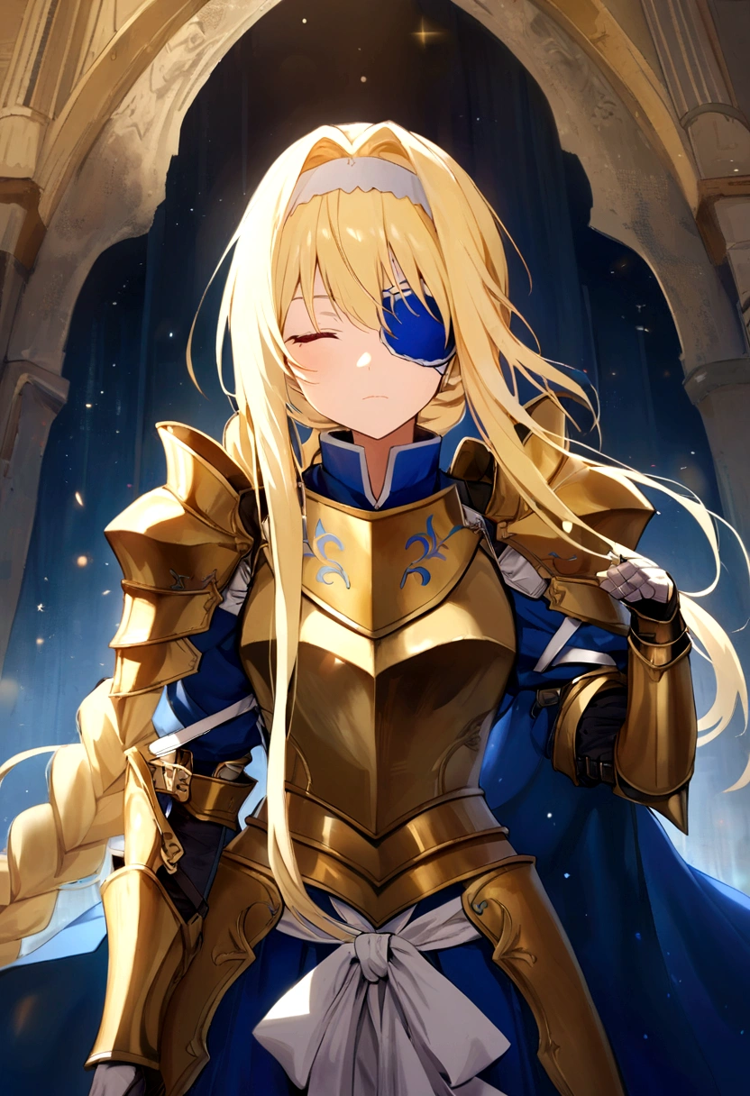 score_9,  Alice Zuberg, One girl, Alice Zuberg, Mouth closed, armor, Blonde Hair, Blue Cape, Blue clothes, Braided Ponytail, Eye patch, gold armor, knight, Long Hair, shoulder armor, alone, very Long Hair