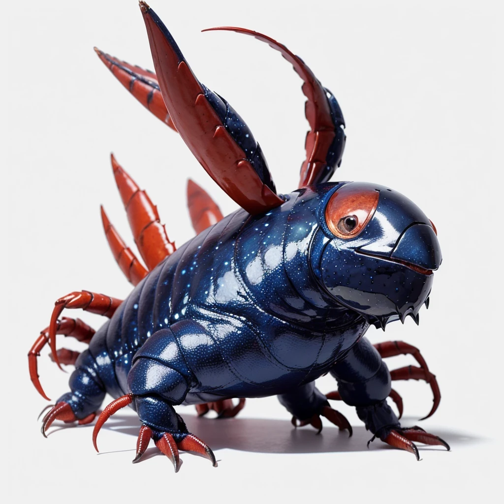 Small Animaly, black and blues colour skins, has scales, his body is shaped like a lobster but his face is like a ball, silver colour skins, Grassroots background, (white background simpleks)