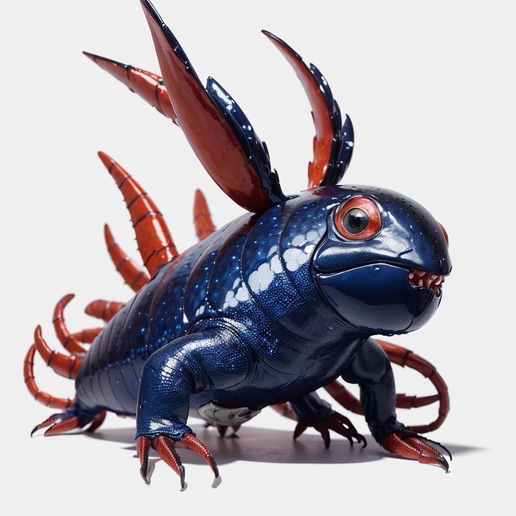 Small Animaly, black and blues colour skins, has scales, his body is shaped like a lobster but his face is like a ball, silver colour skins, Grassroots background, (white background simpleks)