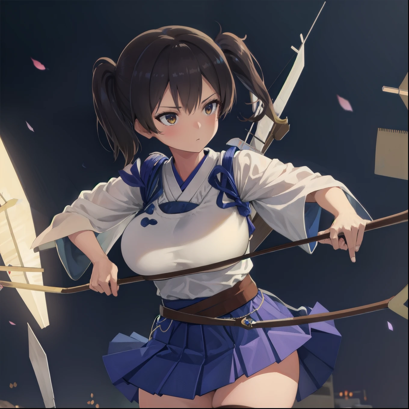 Kaga(Fleet Collection),highest quality, masterpiece, High resolution,kimono,blue skirt,side ponytail,big_breasts,solo,Japanese_bow&arrow,dynamic_posing,half_eyes,solo