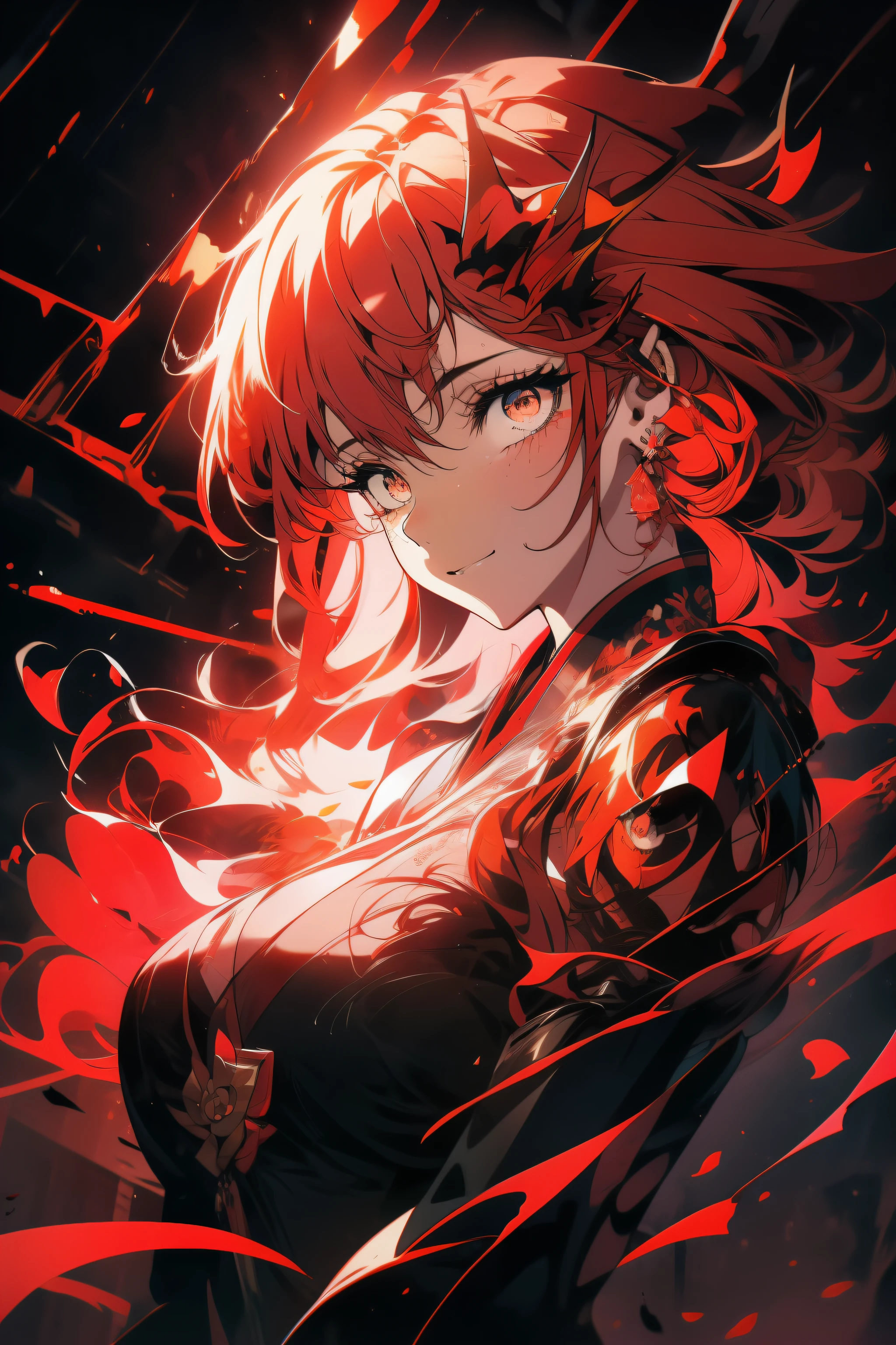 1girl, 18~25 years old, medium breasted, Kazue, ((flametattoo)), ((kamin_tattoo)), ((glowing_eyes)), ((beautiful_smile)), ((flying_hair)), ((red_hair)), ((pyro_fusion gauntlets)), ((smoke_cloud)), ((explosive_blast)), ((Fire_emmited)), (outdoor_settings), (day), ((beautiful_landscape)), (Kazue_flying), (1/2 pose)