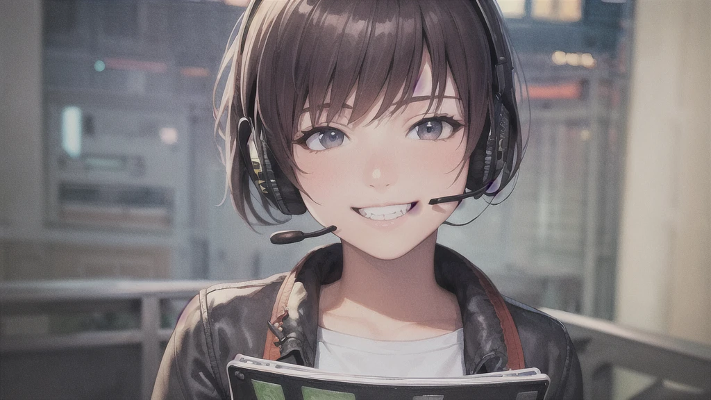 (High resolution, Best Quality, Masterpiece:1.2), (Realistic illustrations), Lo-fi Hip Hop , flat, 2.5D, Line art, Ink drawing, Watercolor, Gouache color, Studio Ghibli style, Great colorful, Relaxed girl listening to music with headset, smile, Detailed teeth, はにかんだsmile, 80s city night view, bike