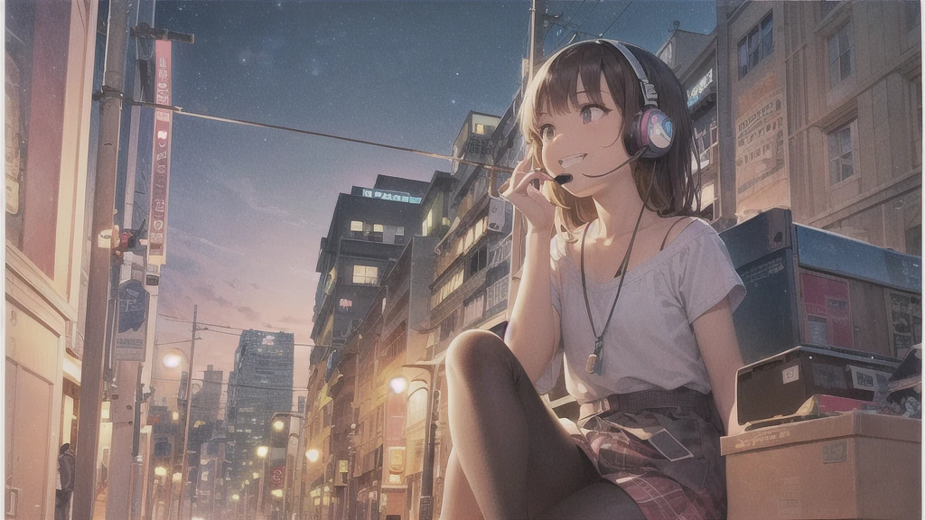 (High resolution, Best Quality, Masterpiece:1.2), (Realistic illustrations), Lo-fi Hip Hop , flat, 2.5D, Line art, Ink drawing, Watercolor, Gouache color, Studio Ghibli style, Great colorful, Relaxed girl listening to music with headset, smile, Detailed teeth, はにかんだsmile, 80s city night view, bike