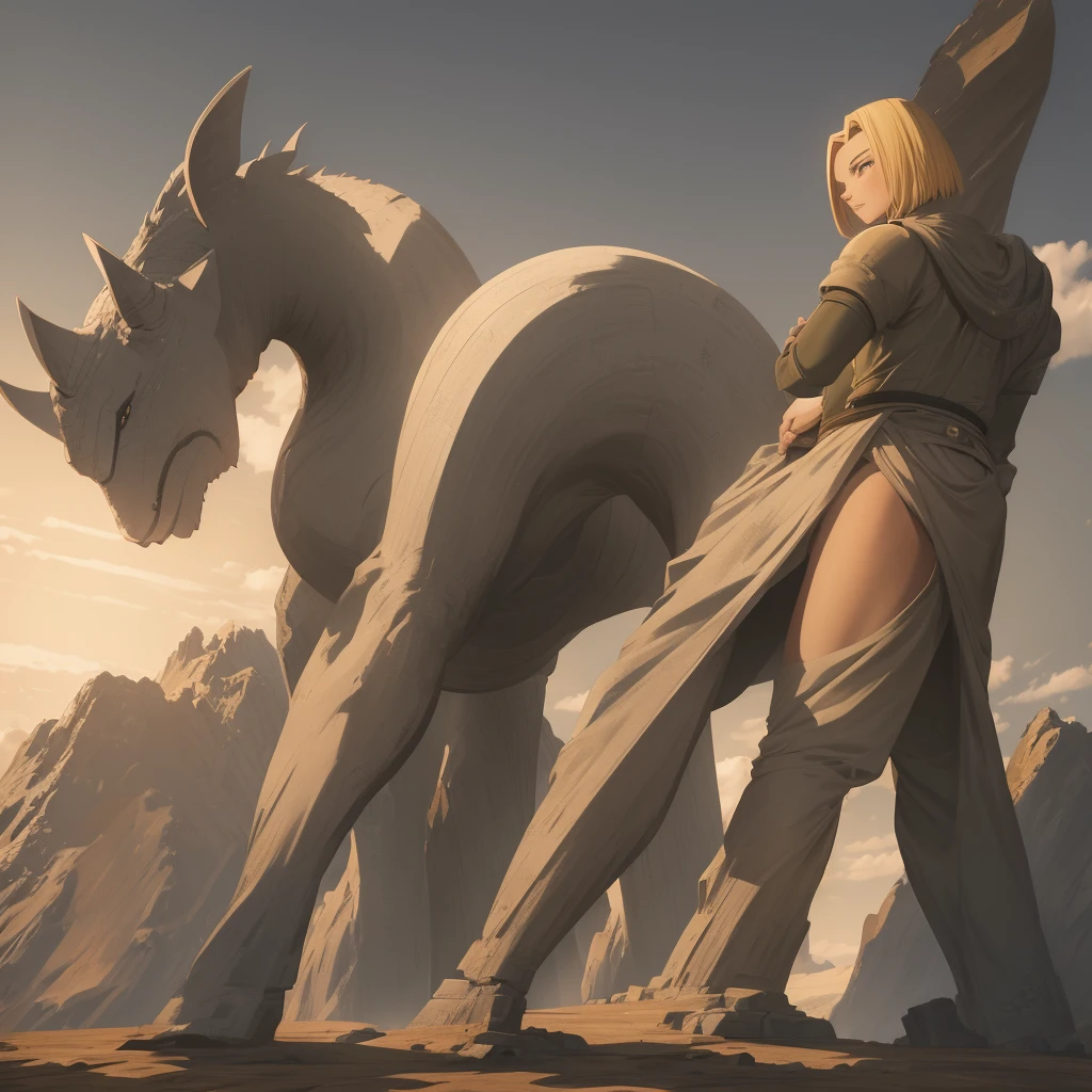 Please draw a stone statue of Android 18 from Dragon Ball