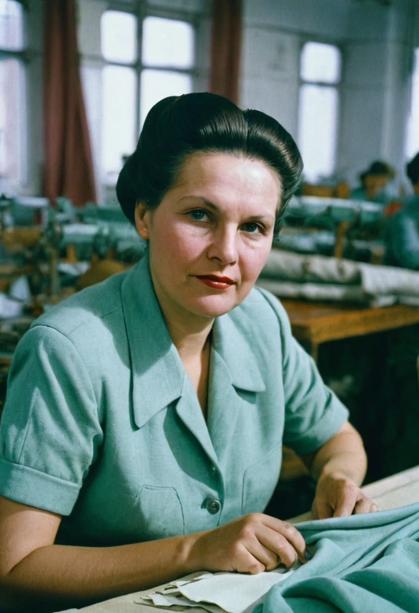 color photo. Head of a garment factory in the USSR. Portrait photo in the office at the table. high detail