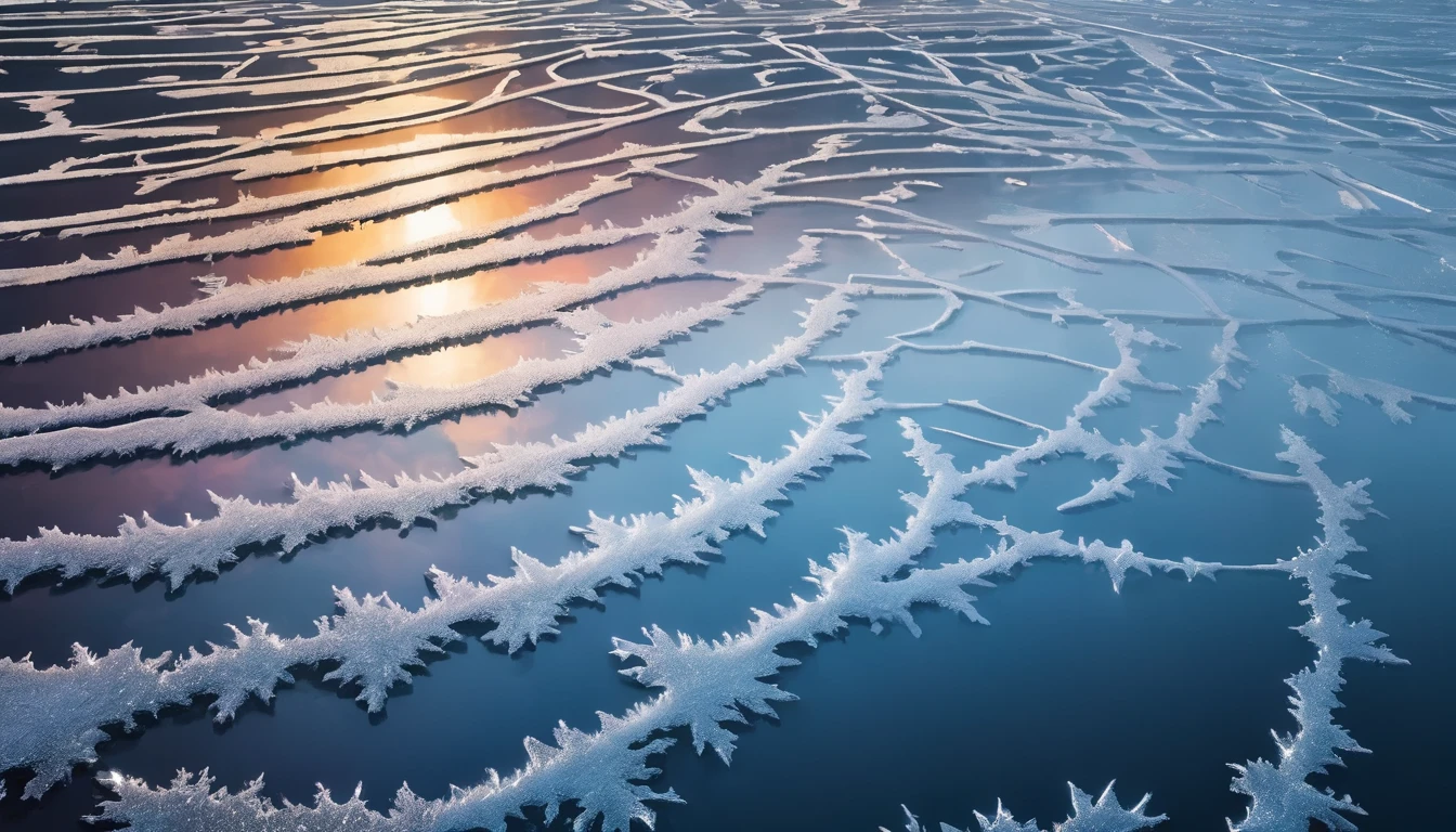 High-resolution wallpapers, Shining arcs and metallic strands of light on the frozen surface of a lake, Movie poster style and high definition top view photography, Game of Thrones style, Unpleasant, Horror, Scary look, Ultra-high resolution, 8K resolution, Balanced, High Dynamic Range Color, Strong Highlights