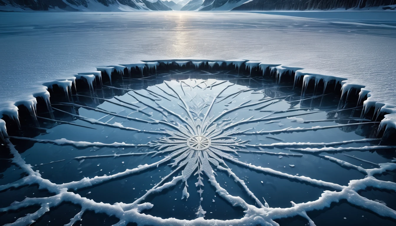 High-resolution wallpapers, Shining arcs and metallic strands of light on the frozen surface of a lake, Movie poster style and high definition top view photography, Game of Thrones style, Unpleasant, Horror, Scary look, Ultra-high resolution, 8K resolution, Balanced, High Dynamic Range Color, Strong Highlights
