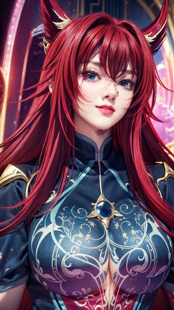 1girl, solo, rias gremory, looking at viewer, smile, upper body, detailed face, beautiful detailed eyes, beautiful detailed lips, exquisite detail, masterpiece, hyper detailed, 8k, photorealistic, cinematic lighting, dramatic lighting, intricate details, vibrant colors, rich colors, fantasy art, digital art