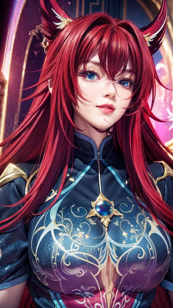 1girl, solo, rias gremory, looking at viewer, smile, upper body, detailed face, beautiful detailed eyes, beautiful detailed lips, exquisite detail, masterpiece, hyper detailed, 8k, photorealistic, cinematic lighting, dramatic lighting, intricate details, vibrant colors, rich colors, fantasy art, digital art
