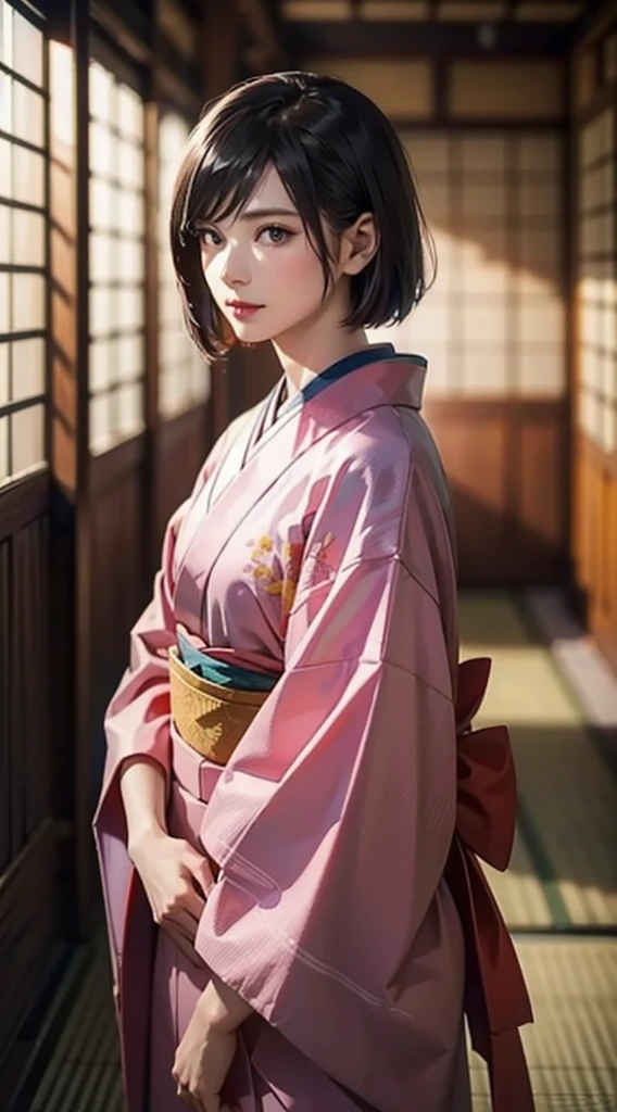 (Realistic)、(Realistic:1.2)、(High resolution)、Very detailed、Very beautiful face and eyes、1 girl、Delicate body、(highest quality、Attention to detail、Rich skin detail)、(highest quality、8k、Oil paint:1.2)、Very detailed、(Realistic、Realistic:1.37)、Bright colors、Full Body Shot,black_hair, Beautiful 8k eyes,Looking_in_Audience,One person in,Are standing,((Very beautiful woman, Fuller lips, Japanese pintern kimono))、((Colorful Japanese kimono)))、(((blackhair)))、(((Blunt bung,short hair)))、((( Inside an old Japanese house with a (short focus :1.4),)))、(masterpiece, highest quality, highest quality, Official Art, beautifully、aesthetic:1.2),(Fractal Art:1.3),Sengoku period、Greg Rutkowski Written by Alphonse Mucha Ropp,short ,uchikake,nishijin ori,(realistic light and shadow), (real and delicate background),(muted colors, dim colors, soothing tones:1.3), low saturation, (hyperdetailed:1.2), (noir:0.4),drow,blurry_light_background, (vibrant color:1.2), cinematic lighting, ambient lighting,Single Shot,Shallow Focus,pink lip,blurry light background,