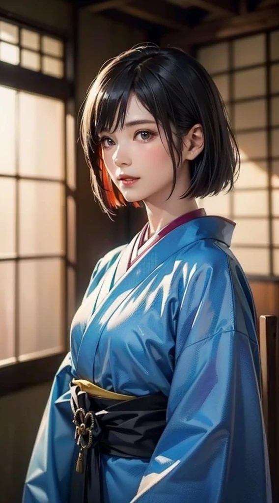 (Realistic)、(Realistic:1.2)、(High resolution)、Very detailed、Very beautiful face and eyes、1 girl、Delicate body、(highest quality、Attention to detail、Rich skin detail)、(highest quality、8k、Oil paint:1.2)、Very detailed、(Realistic、Realistic:1.37)、Bright colors、Full Body Shot,black_hair, Beautiful 8k eyes,Looking_in_Audience,One person in,Are standing,((Very beautiful woman, Fuller lips, Japanese pintern kimono))、((Colorful Japanese kimono)))、(((blackhair)))、(((Blunt bung,short hair)))、((( Inside an old Japanese house with a (short focus :1.4),)))、(masterpiece, highest quality, highest quality, Official Art, beautifully、aesthetic:1.2),(Fractal Art:1.3),Sengoku period、Greg Rutkowski Written by Alphonse Mucha Ropp,short ,uchikake,nishijin ori,(realistic light and shadow), (real and delicate background),(muted colors, dim colors, soothing tones:1.3), low saturation, (hyperdetailed:1.2), (noir:0.4),drow,blurry_light_background, (vibrant color:1.2), cinematic lighting, ambient lighting,Single Shot,Shallow Focus,pink lip,blurry light background,