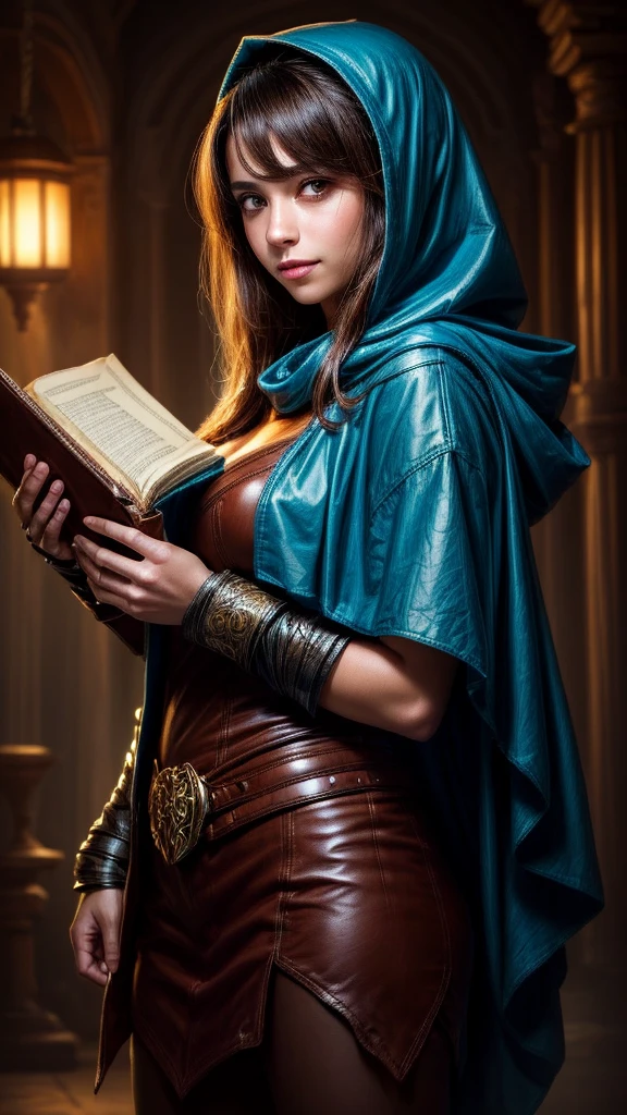 Speed painting of portrait of a fantasy female brunette human adventurer, with a blue hood, in a temple, D&D character, holding a large leather bound magical book with butterfly on the book cover, slight smile