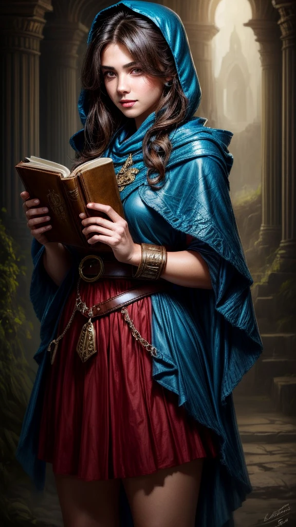 Speed painting of portrait of a fantasy female brunette human adventurer, with a blue hood, in a temple, D&D character, holding a large leather bound magical book with butterfly on the book cover, slight smile