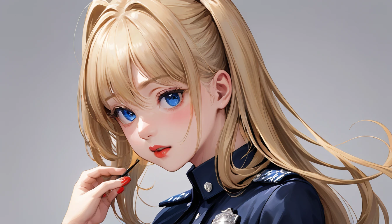 比類のないmasterpiece, Ultra-realistic 8K CG, Perfect artwork, ((The perfect woman)), Mature Woman, Narrow waist, Fascinating, clean, Beautiful Face, {Very delicate and beautiful girl} , 8k wallpaper, {{{masterpiece}} }, One girl, Blonde Hair, blue eyes, ponytail, Police uniform, jewelry, lips, lipstick, Long Hair, Watch the audience, compensate, lips, red lips, Simple Background, alone, Upper Body, (Shiny skin),