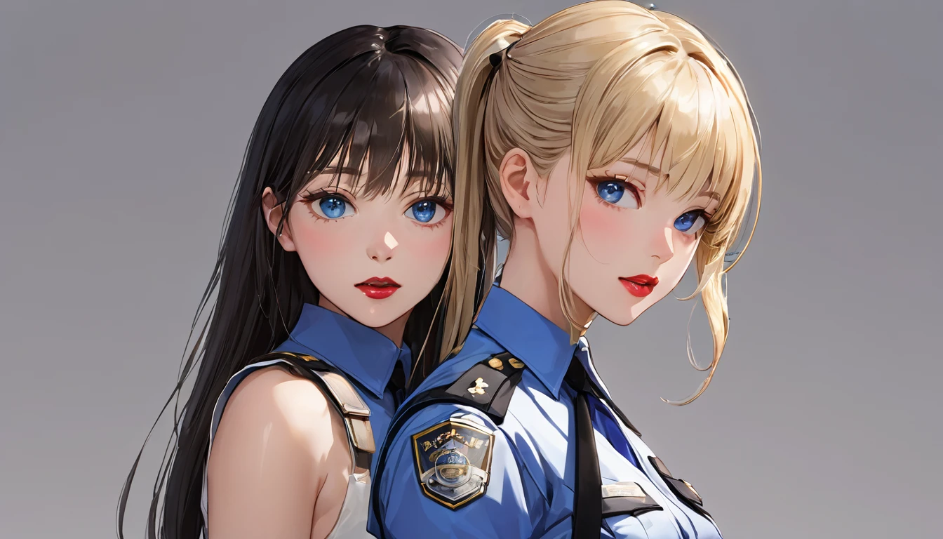 比類のないmasterpiece, Ultra-realistic 8K CG, Perfect artwork, ((The perfect woman)), Mature Woman, Narrow waist, Fascinating, clean, Beautiful Face, {Very delicate and beautiful girl} , 8k wallpaper, {{{masterpiece}} }, One girl, Blonde Hair, blue eyes, ponytail, Police uniform, jewelry, lips, lipstick, Long Hair, Watch the audience, compensate, lips, red lips, Simple Background, alone, Upper Body, (Shiny skin),