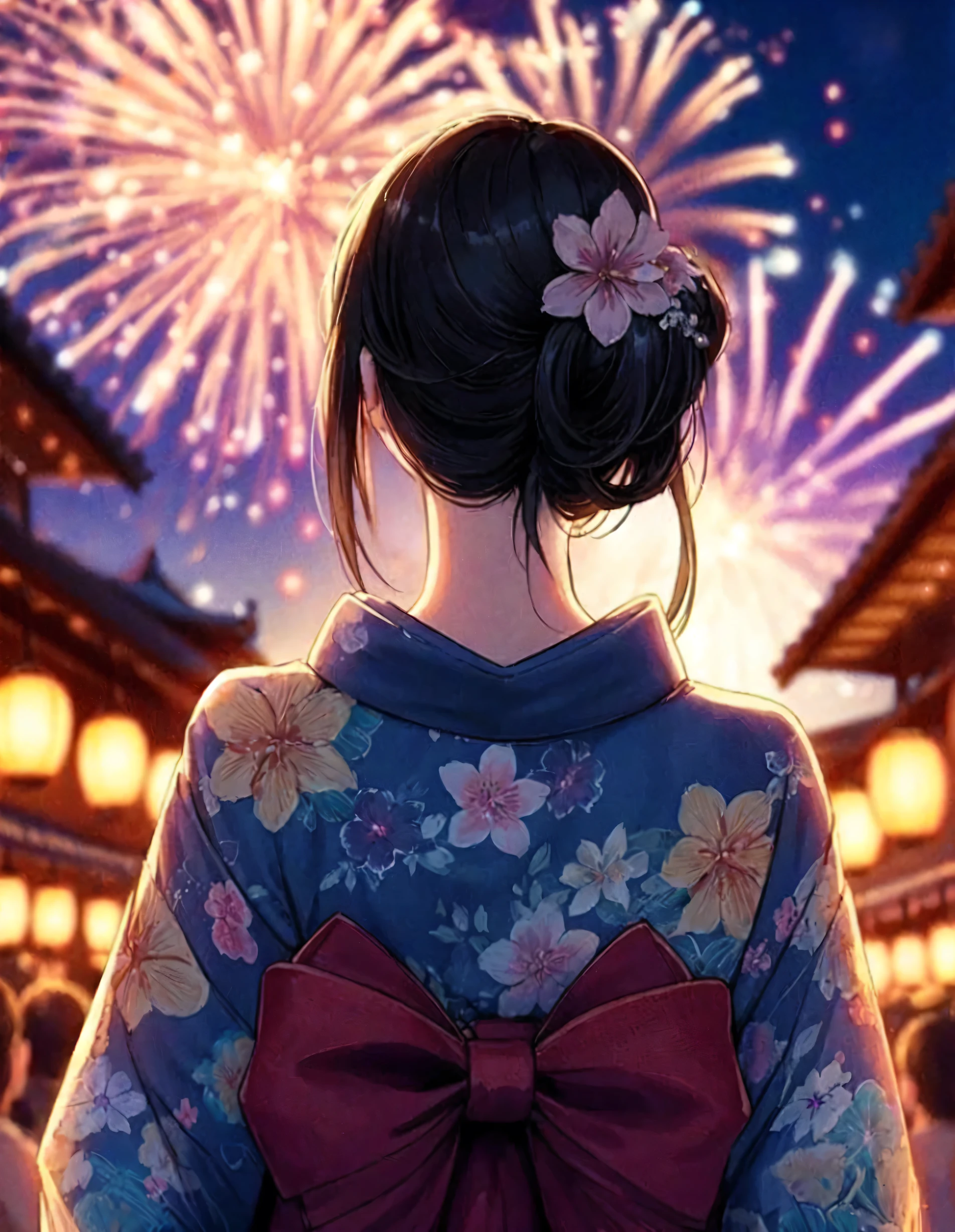 1lady solo, standing, back of head, (from behind), looking up at sky, (elegant yukata:1.1) stylish, mature female, /(black hair/), hair up, flower ornament, (nape of neck), (masterpiece best quality:1.2) delicate illustration ultra-detailed BREAK (summer festival) outdoors, (elegant fireworks), night sky, contrast, crowded, detailed background