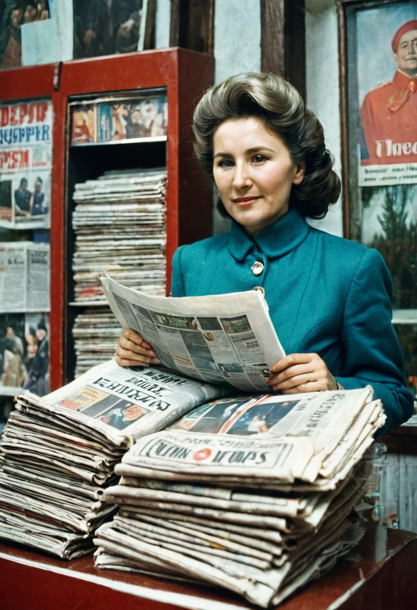 color photo. Woman selling newspapers at a kiosk in the USSR. Portrait photo in the kiosk behind the counter. high detail