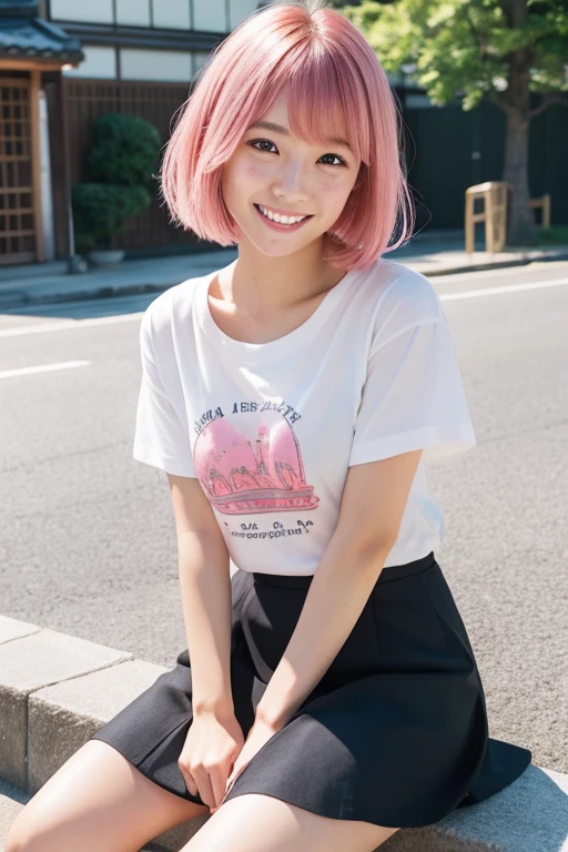 Japanese,beautiful girl,Natural Shape,Bob Hair,Pink Hair,Natural light,has freckles,Intricate details,Realistic,Toothy smile,Knee-length skirt,Black open-necked T-shirt,