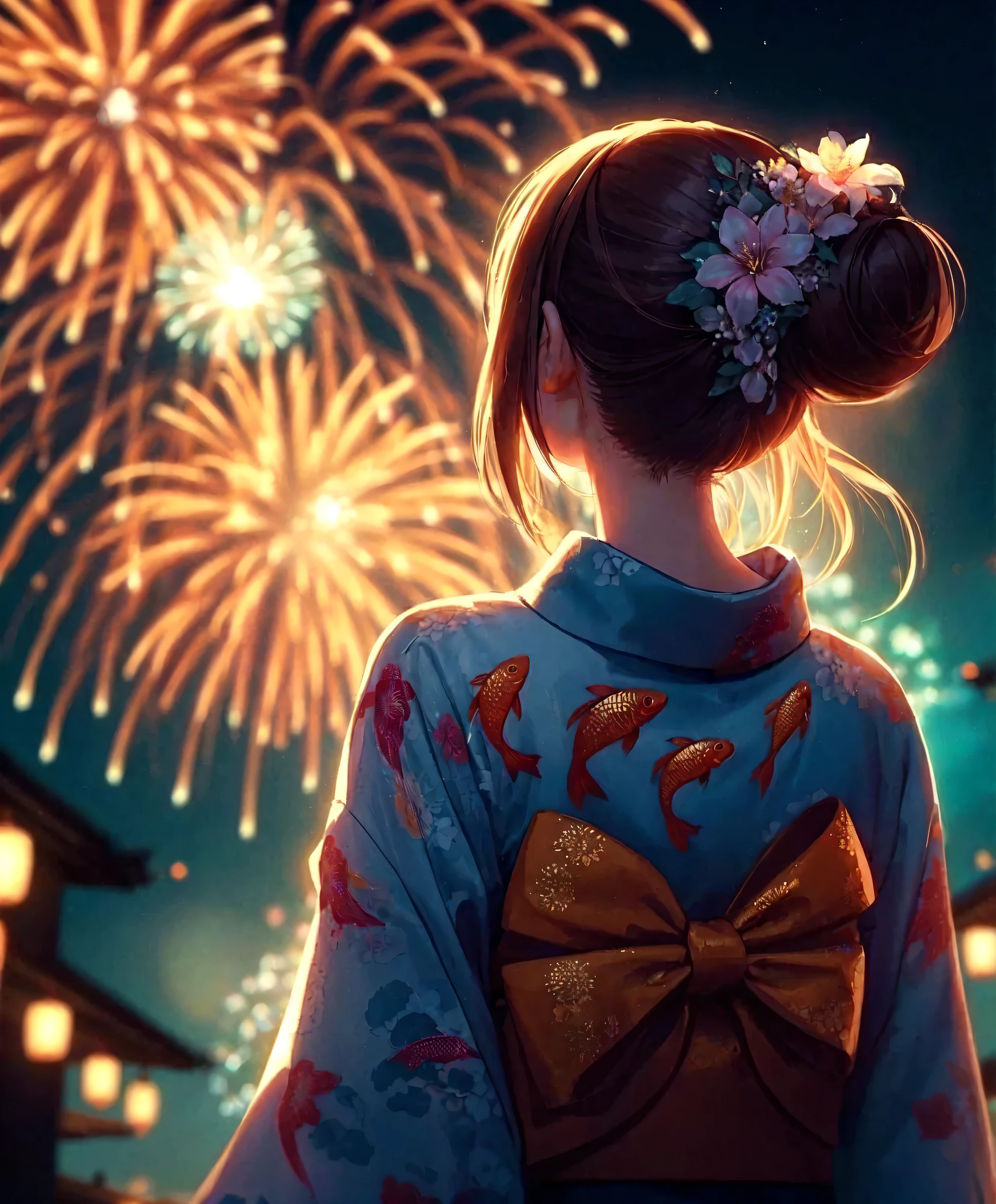 1lady solo, standing, back of head, (from behind), looking up at sky, (elegant yukata:1.1) (small golden fish-patterned:1.1), mature female, /(brown hair/), hair up, flower ornament, (nape of neck), (masterpiece best quality:1.2) delicate illustration ultra-detailed BREAK (summer festival) outdoors, (elegant fireworks), night sky, contrast, crowded, detailed background