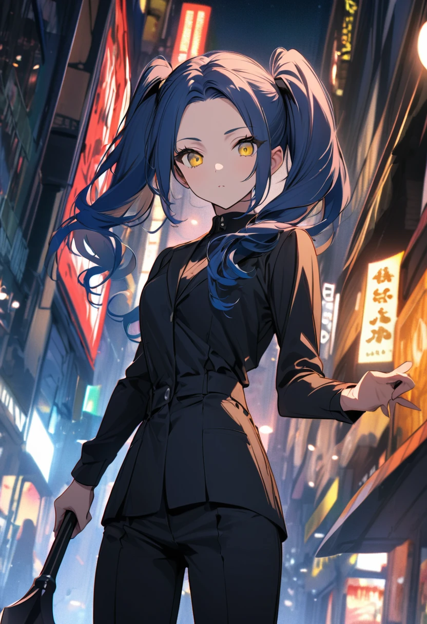 (One very tall, good looking woman,Navy Blue Hair,Her hairstyle is twin tails that expose her forehead., yellow eyes,Medium chest,Dynamic Angle Tall)Thick Black１Color ,Black trousers,The background is the busy Shibuya area at night,Hold a spear in one hand