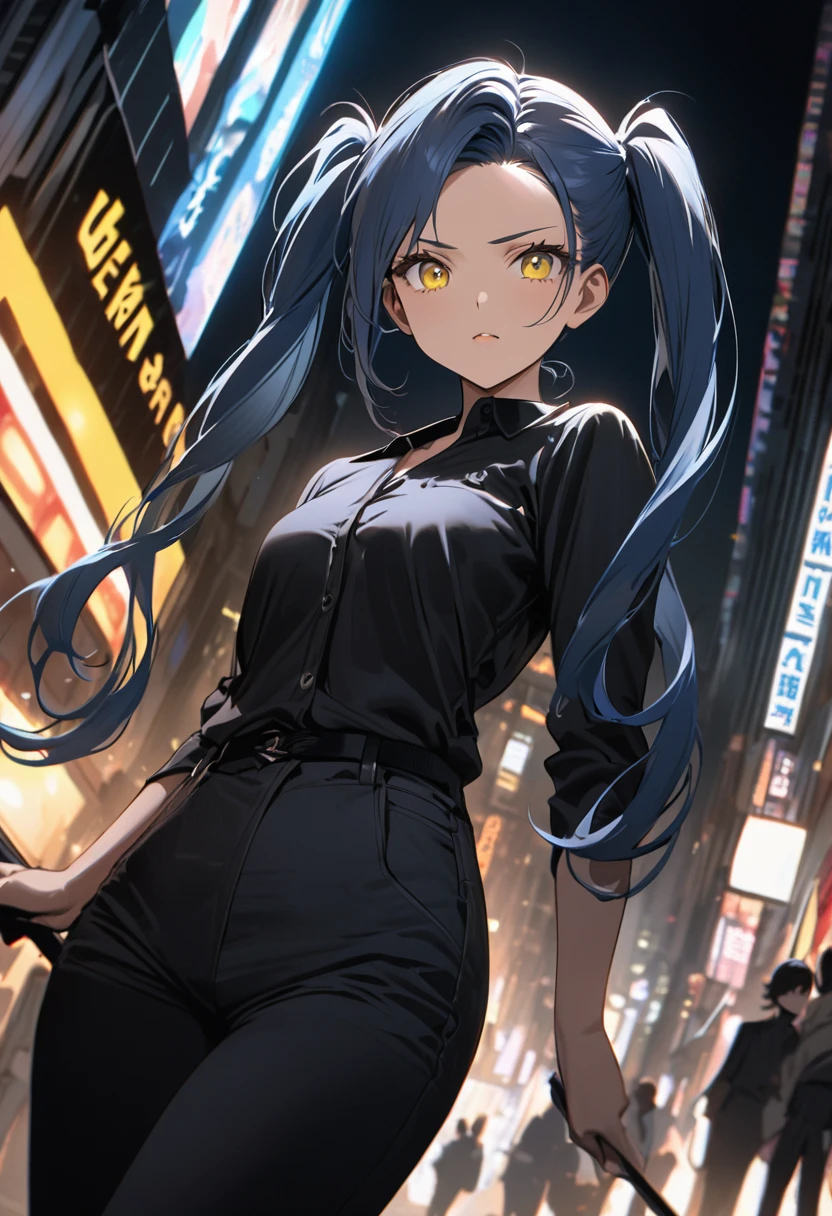 (One very tall, good looking woman,Navy Blue Hair,Her hairstyle is twin tails that expose her forehead., yellow eyes,Medium chest,Dynamic Angle Tall)Thick Black１Color ,Black trousers,The background is the busy Shibuya area at night,Hold a spear in one hand