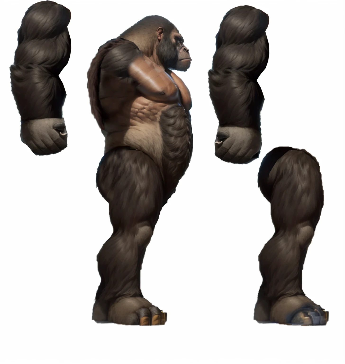 arafed gorilla standing on its hind legs with a white background, gorilla, distant full body view, bigfoot, big foot, full body wide shot, whole body highly detailed, like gorilla, sasquatch,muscular,hairy, strong body, full body profile, 1/2 view realistic, full body shot hyperdetailed, highly detailed full body, ( sasquatch, full body close-up shot
