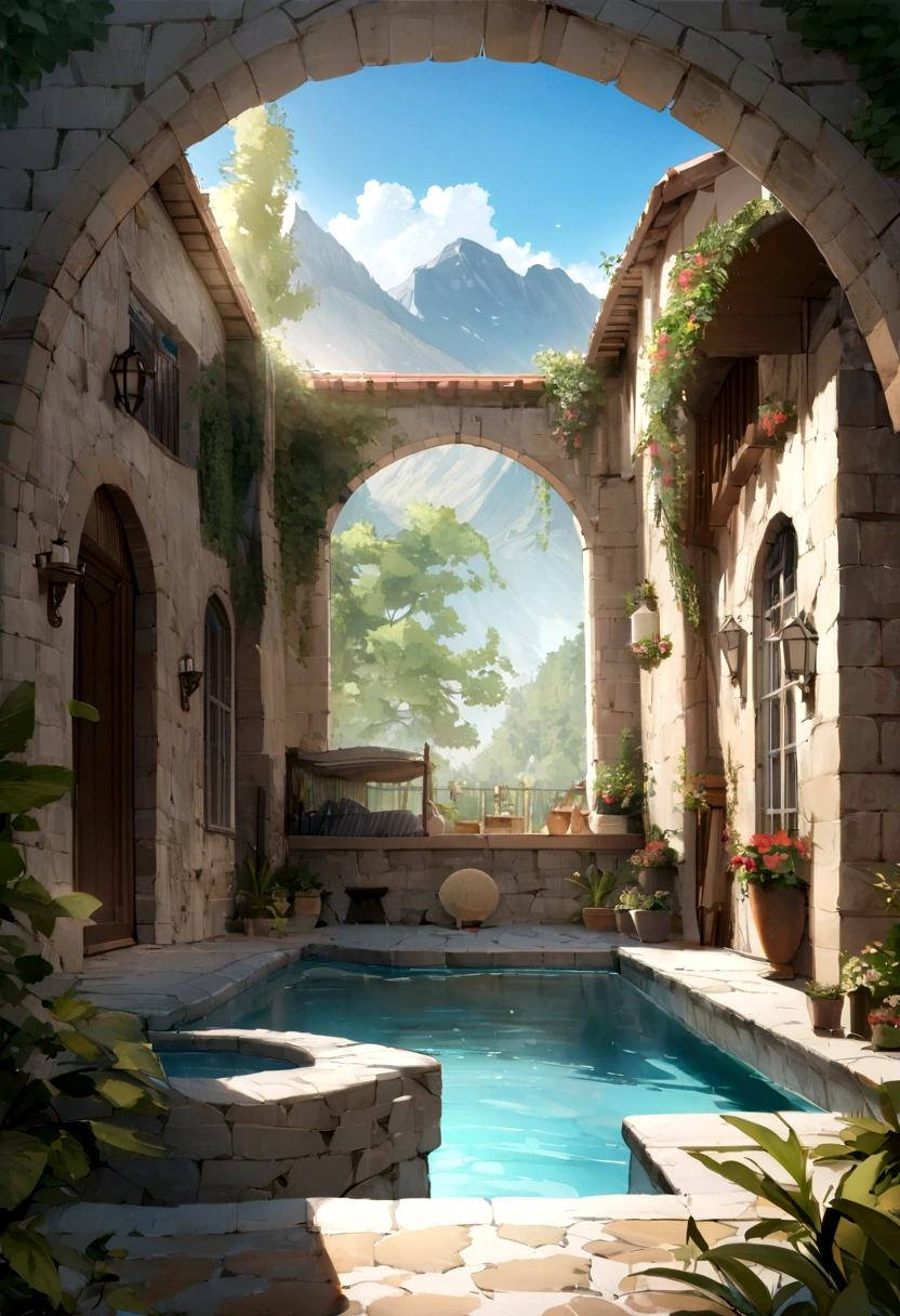 ((((masterpiece, Best Quality, High resolution)))), High detail, manga，anime，Illustrated style，Use of bright colors，Ghibli Studio「Howl&#39;s Moving Castle」The colors are like those used in daytime scenes., Medieval European fantasy worldview, Türkiye, Pamukkale, Holiday home with pool, courtyard, Sophisticated interior, A naturally occurring pool-like pond, sunlight, There is a beautiful hot spring pool in the center.、Sparkling water gushes out in the sunlight., Large space，There is no one，Ghibli Studioの魔女の宅急便のような雰囲気， RPG-like scenery, There is beer, wine and delicious food on the table., The sky is bright blue、Fluffy white clouds floating, And the sun is shining brightly, Create a magical and cozy atmosphere, Bright daytime atmosphere.