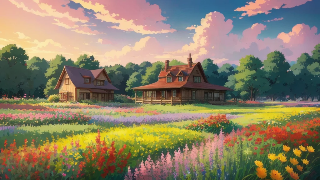 Animated image of a house in a flower field with a colorful flower field and the sky in the background,Ghibli anime style, Fantastic realism, Cartoon countryside flower field scenery, Scenes from animated movies, Ghibli art style, Beautifully detailed scenes, Ghibli anime movie background,anime nature wallpapers, Digital cartoon painting art,Studio Ghibli Anime Style