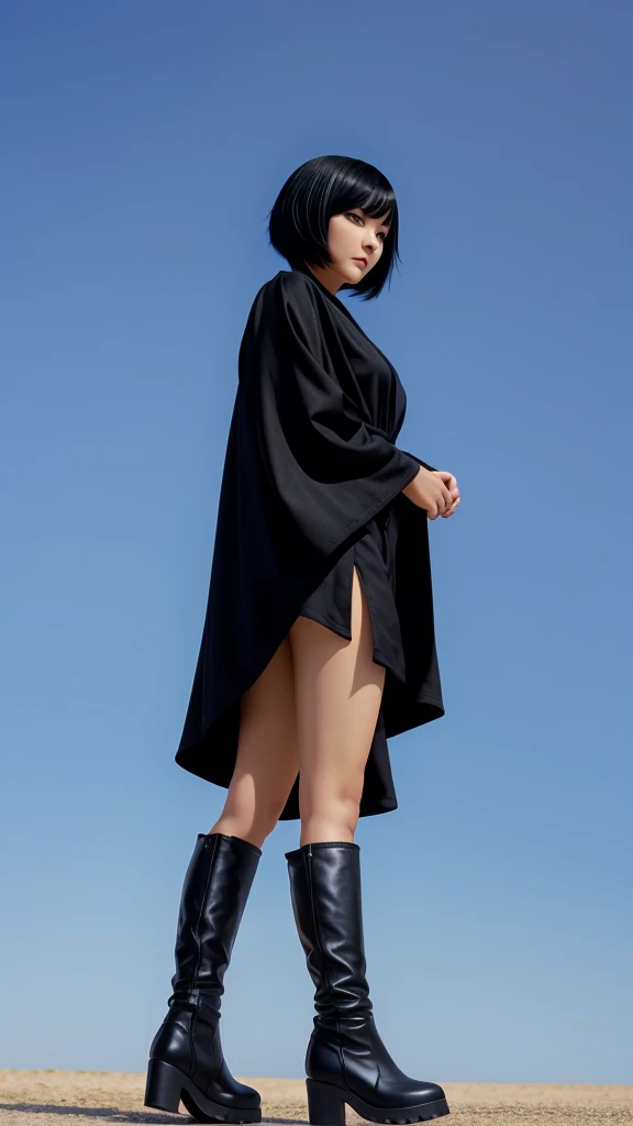 A Beautiful girl, black bob hair style,  wearing long black robe, black boots shoes, blue sky background, anime