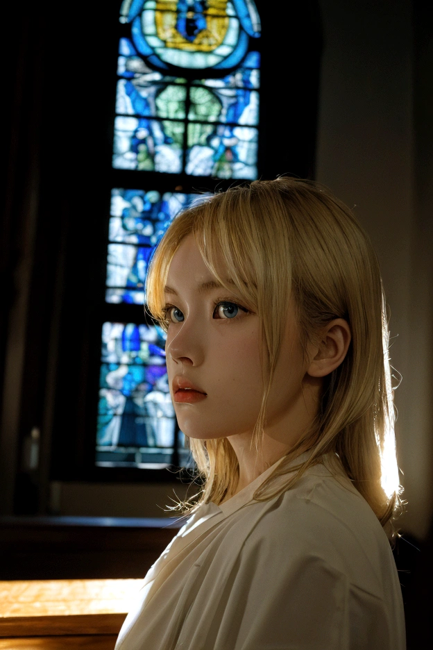 1 beautiful blonde woman, dramatic lighting, shadow, window, church, Daido Moriyama, ( masterpiece, realistic ), (best quality)