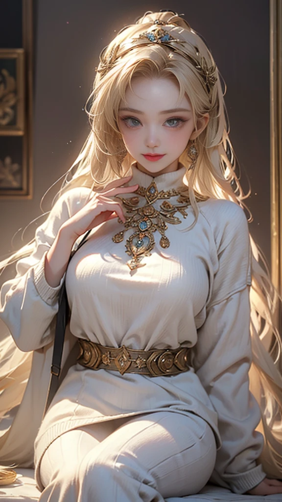 best quality,Super detailed,masterpiece,Employment,8K,Extremely detailed CG unifies 8K, 8K, diamond, and wallpaper，lifelike, Surreal, The original, Intricate details，Detailed face，Exquisite eyes, Skin smooth and soft, Delicate face, Big shining eyes，1 beautiful girl, 18 years old， Super beautiful face details, Smiling shyly, Wearing a sweater、north african trade zone,Best quality:1.4, from photo real:1.4, Texture:1.4, masterpiece:1.8, 1 female, Hip lift, beautiful eyes, Long hair, eye socket, plump big breasts