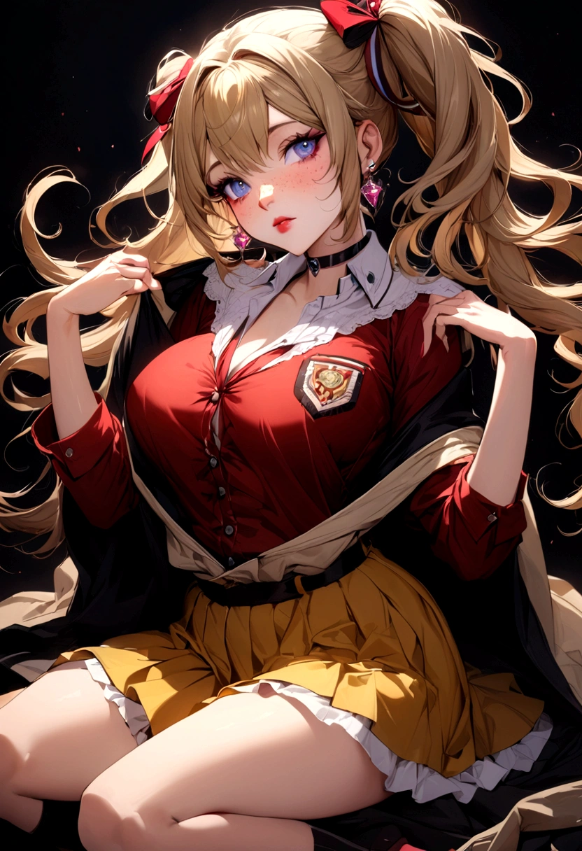 A captivating Finnish college girl, 18 years old, is the center of attention in this high-quality, detailed artwork. She is posed seductively, unbuttoning her red shirt to reveal a very short, yellow skirt and matching knee-high socks. With a focus on her perfect, large breasts and stunning, perfect butt, the camera zooms in for a close-up view. Her messy, blonde hair is beautifully braided into two ponytails, and she has light freckles decorating her face.

The realistic illustration boasts professional makeup, glitter makeup, eye liner, and diamond earrings, all under natural lighting that brings out the soft facial features