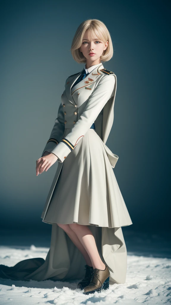 1 girl,((on one knee,Female soldier with rifle)),Wild snow,((Masterpiece:1.2, Best quality)),Movie,offcial art,promotional art,movie wallpapers,(A blonde girl is in ), (White suit dress,Double-breasted style,White pleated skirt hem),Uniform cover, Exposing thighs,185cm. Shot in the snow in cinematic style, The color temperature is cool,Slightly bluish tint, Convey a feeling of indifference and tension. The lighting is dramatic,There are harsh shadows and highlights, . Shot with a Sony A7R IV camera,The aperture is f/2.8, ISO 1600, a shutter speed of 1/200th of a second. UHD dtm HDR 8k.