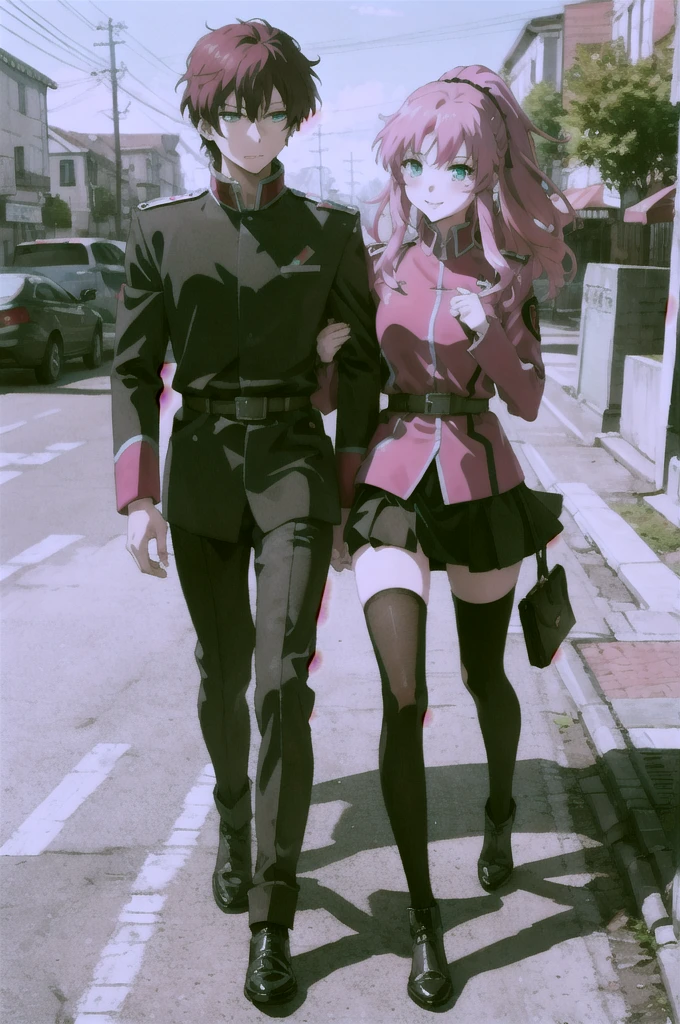 masterpiece, best quality, anime official art, 1girl, flay allster, bitch personality, pink hair, long hair, ponytail, pale cerulean eyes, military uniform, long sleeves, belt, black skirt, green thighhighs, pink boots, full body, evil smile