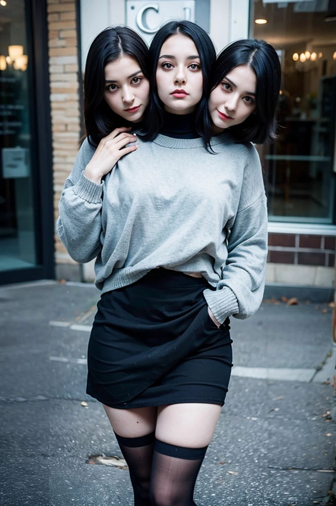 2heads, three headed goth girl, age 19, slightly chubby, black sweater, black skirt, pale skin,