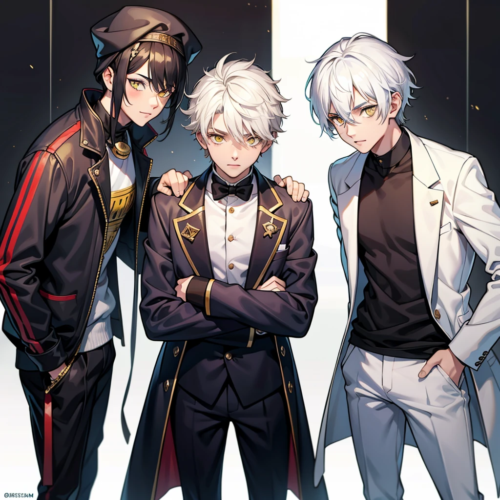 There is a girl and two boys, 13 years old, white hair, yellow eyes, they are in ancient Egypt.