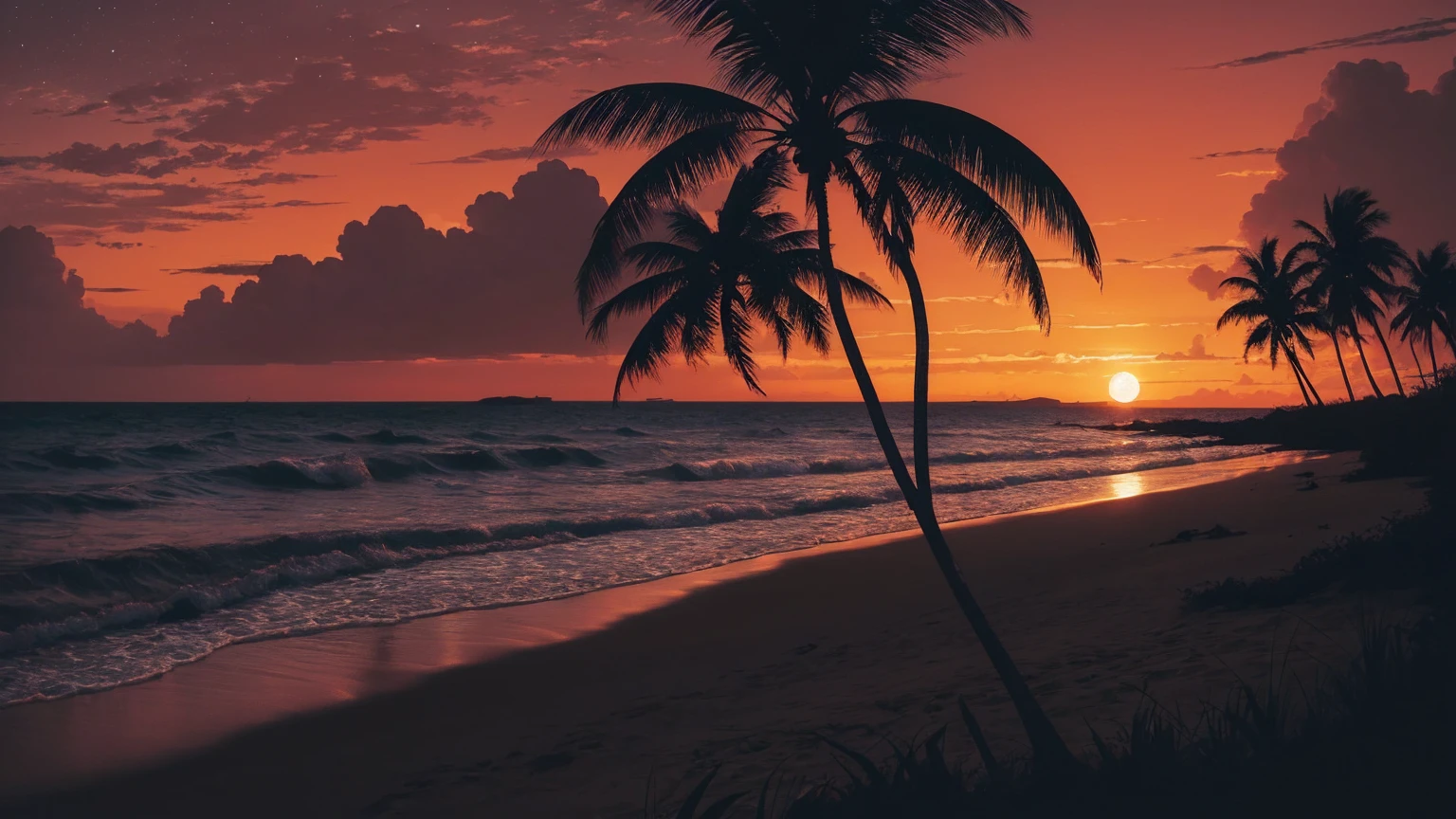 musical tropical vector illustration of sunset on the beach, in the style of Dan Mumford, vintage aesthetics, compositions inspired by nature, dark and gloomy landscapes, tropical landscapes