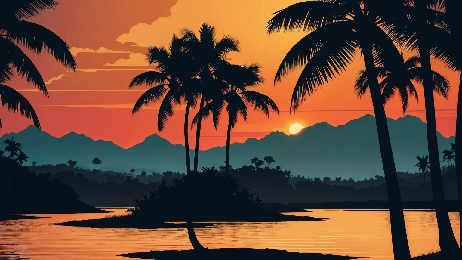 musical tropical vector illustration of sunset on the beach, in the style of Dan Mumford, vintage aesthetics, compositions inspired by nature, dark and gloomy landscapes, tropical landscapes