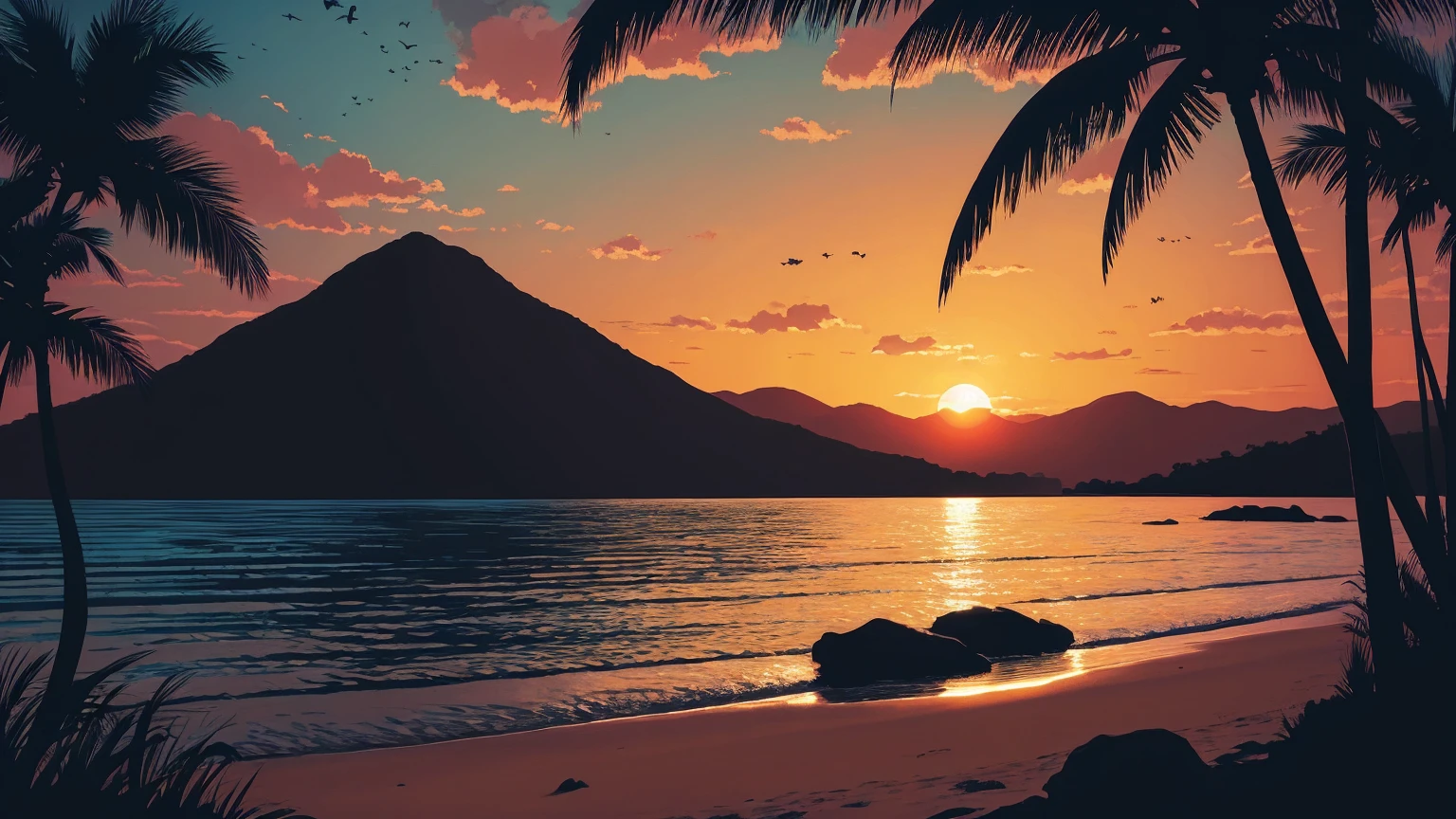 musical tropical vector illustration of sunset on the beach, in the style of Dan Mumford, vintage aesthetics, compositions inspired by nature, dark and gloomy landscapes, tropical landscapes