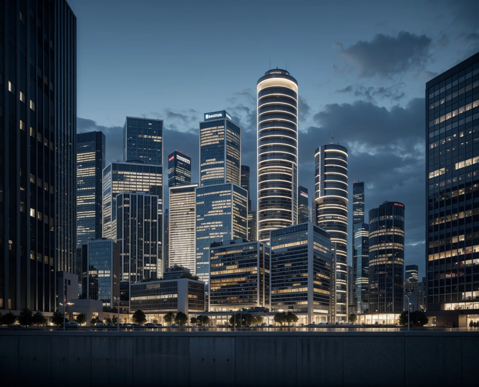 laowang, landscape with wild grass foreground, building, urban, Commercial, terrace, reflection, rainny, rain, humidity,((masterpiece)), (cyberpunk1.3), high las ((best quality:1.4)), (ultra-high resolution:1.2), (realistic:1.4),(8k:1.2), nsanely detailed, buildings, architecture, interior light, landscape, art artarchitecture, (Curvilinear architecture:1.2), masterpiece, realistic, best quality, high-rise office building, architectural renderings, horizen facade, tree, vehicle, andscape, cloudy_sky, road, street, city, curtain wall, high-rise complex, futurism,Science and technology style,Night scene,City light,