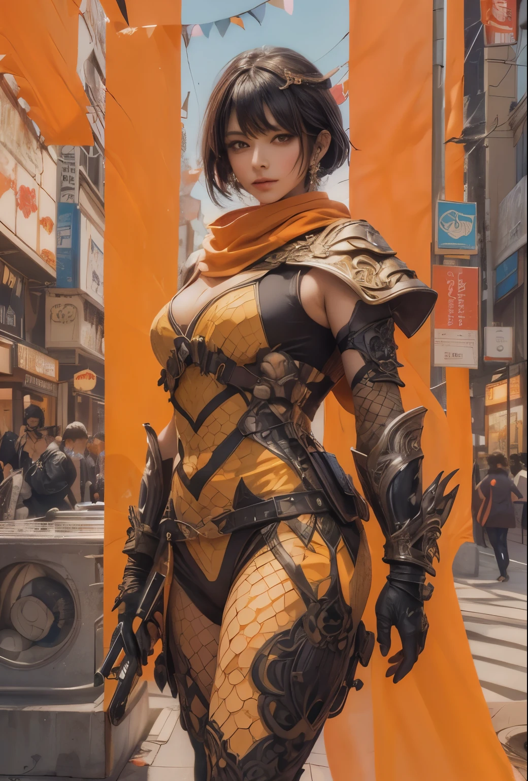 ((Dibujo muy preciso en cada detalle.)Extremely accurate representation)[high resolution],(detallado illustrations,Very detailed and detailed drawing,Delicate drawn lines with tempo.,Realistic texture expression),[main line drawn in color],[Fondo de Shinjuku en la noche],(animado) (Ninjagirl (Hermoso) 15 years) muscular [cuerpo delgado] corte bob corto,([avispa] Armadura de batalla ninja naranja) bufanda [parar] ((Ajuste interior de goma.) [honeycomb] [Borde]) adornos para el cabello (Dull metallic shine:0.8),huecograbado [KUNOICHI],[alto contraste:0.6],(Intricate and Hermoso decoration [Detalle denso]),(Fine and Hermoso skin expression [Transparencia]),((Precisely drawn eyes))[Perfect eye detail((Hermoso&#39;s jewel-like eyes)Iris dibujado con gran detalle)[alumnos claramente dibujados]],[luz del ojo[Precise lighting for the eyes]],[Long and Hermoso eyelashes],[precisely drawn hair [Beautiful and glossy hair detailing]],(Perfect hand detailing [Dedos sin rotura [Hermoso nails]]),(perfect anatomy(proporciones perfectamente equilibradas))[[Retrato de cuerpo entero]],[[Highly Built Design]][ideal color coordination(Accurate simulation of interactions between light and materials.)],([Precision detail](detallado,Gao Bien)),[Arte visual que cuenta una historia.],((Of the highest quality)Bien[[Dibujo de alta densidad]])(calidad 4K).