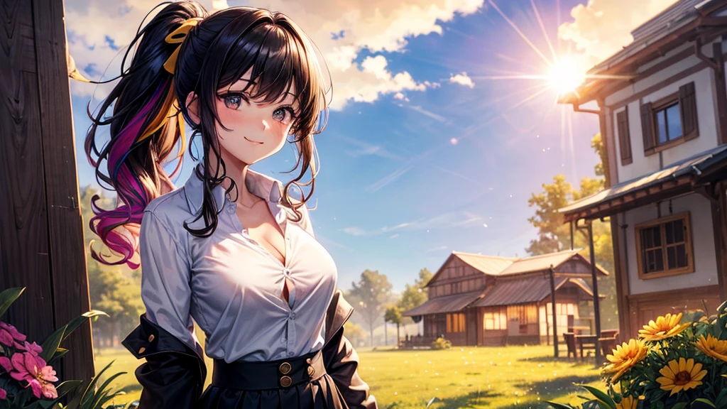1girl, solo, summer, village, trees, sun, clouds, ((colorful hair)), curly hair, ponytail, big full breasts, ((black blazer)), button down shirt, ((white shirt)), ((short sleeved shirt)), ((unbuttoned shirt)), unbuttoning buttons, cleavage 1:3, brown eyes, skirt, smile, looking at the viewer, standing, hair ribbon, golden necklate
