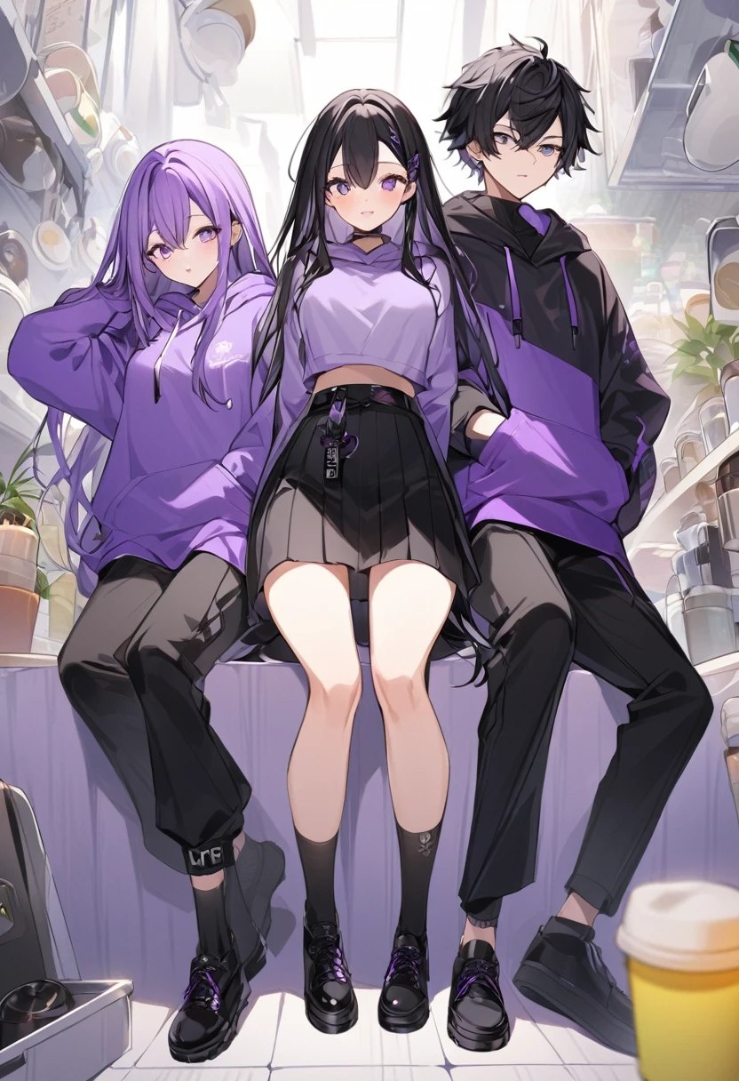 In a purple hoodie、Wearing a black short skirt、Wearing black socks、wearing black shoes。hair is black、Purple eyes。Breasts are K cup。The skin is white and、Long hair。Has one brother and one sister。My sister has an E cup。All in purple hoodies。All hair is black。My brother is wearing black pants.。
