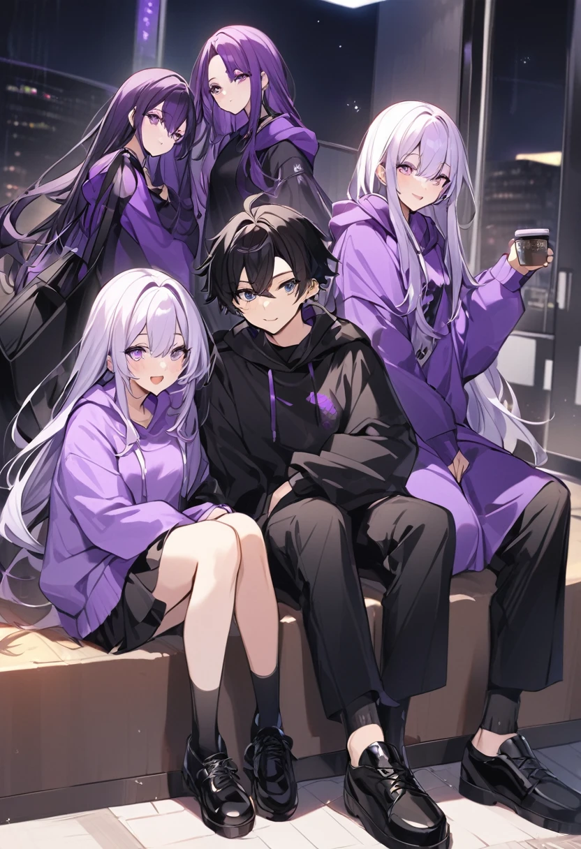 In a purple hoodie、Wearing a black short skirt、Wearing black socks、wearing black shoes。hair is black、Purple eyes。 are K cup。The skin is white and、Long hair。Has one brother and one sister。My sister has an E cup。All in purple hoodies。All hair is black。My brother is wearing black pants.。